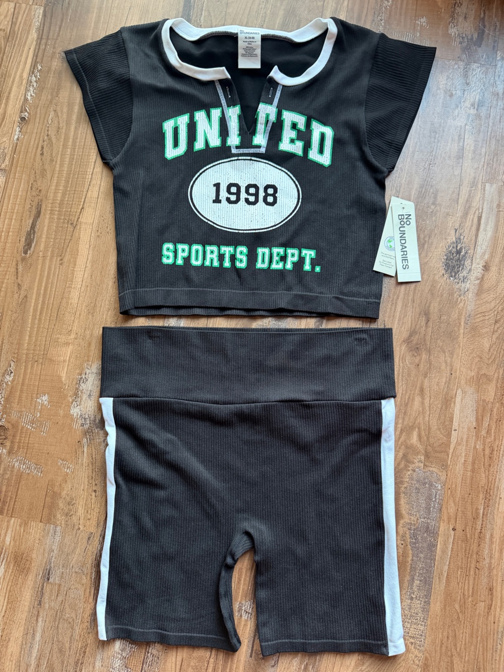 No Boundaries Black Crop Top & Bike Shorts with White Trim and Green Lettering